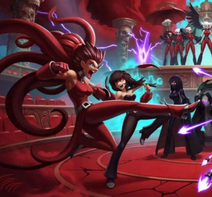 Skullgirls karakterek dinamikus csoportképe harci pózban